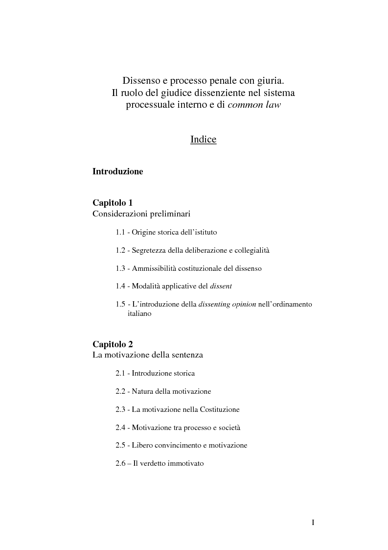 Indice della tesi: Dissenso e processo penale con giuria. Il ruolo del giudice dissenziente nel sistema processuale interno e di common law, Pagina 1