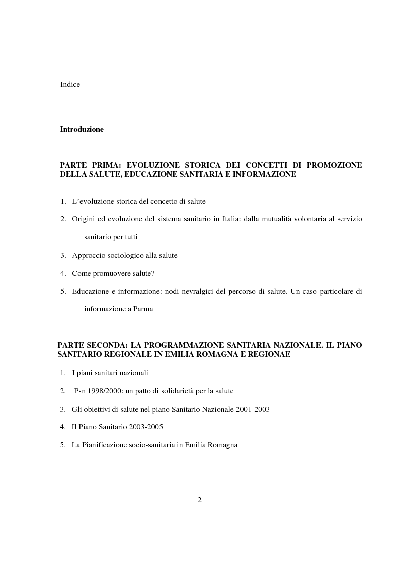 Indice della tesi: La Pianificazione Sanitaria in Emilia Romagna: I Piani per la salute e la priorità della sicurezza stradale, Pagina 1