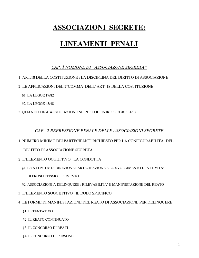Indice della tesi: Associazioni segrete: lineamenti penali (Loggia P2 - Golpe Borghese - Gladio - Archivio Mitrokhin), Pagina 1
