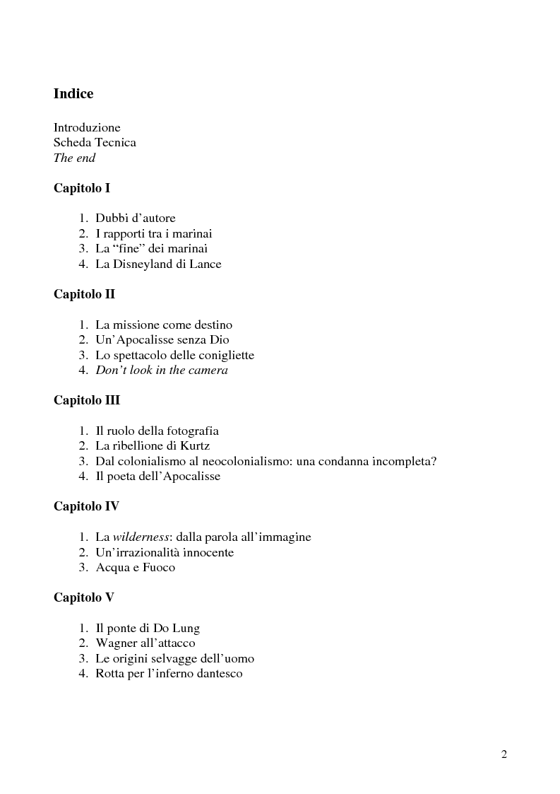 Indice della tesi: This is the end... Analisi testuale di Apocalypse Now di F.F.Coppola, Pagina 1