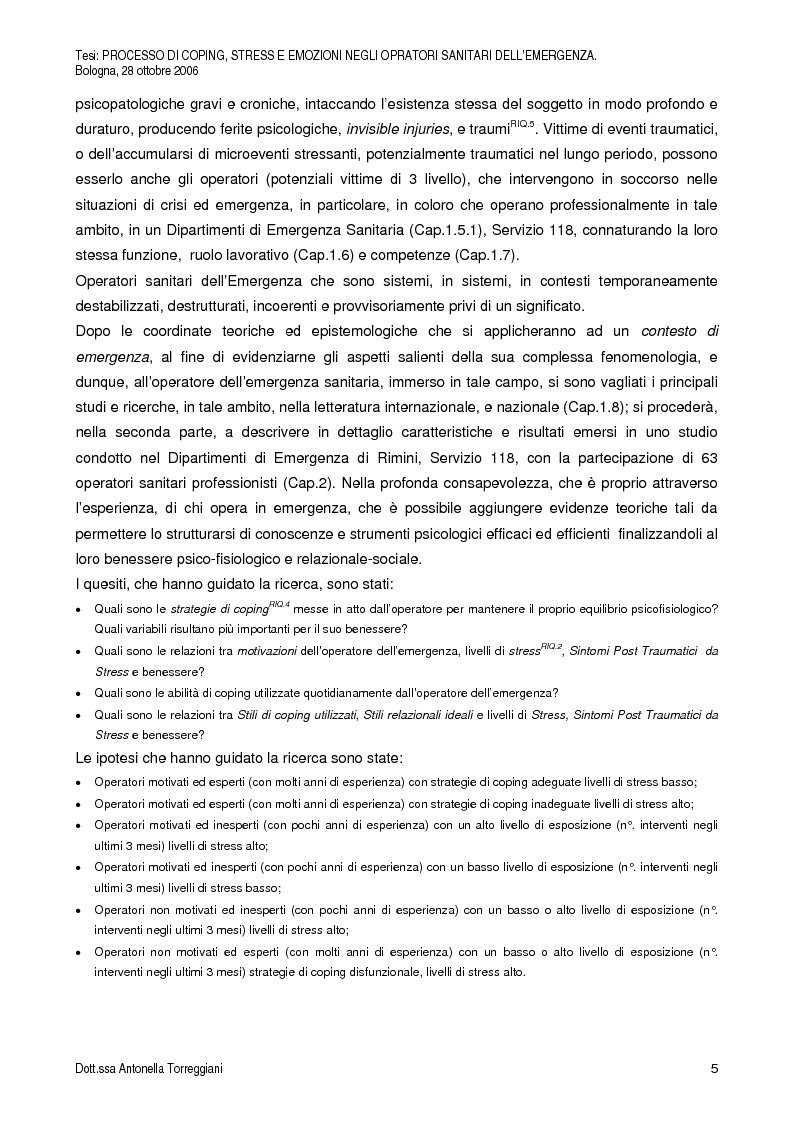 Anteprima della tesi: Strategie di Coping, Stress, Post Traumatic Stress Disorder, Motivazioni ed Emozioni negli Operatori Sanitari dell’Emergenza, Pagina 2
