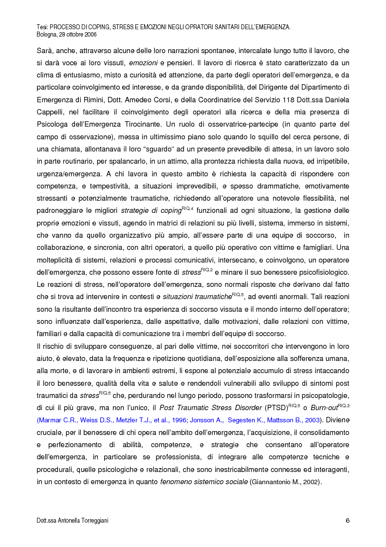 Anteprima della tesi: Strategie di Coping, Stress, Post Traumatic Stress Disorder, Motivazioni ed Emozioni negli Operatori Sanitari dell’Emergenza, Pagina 3
