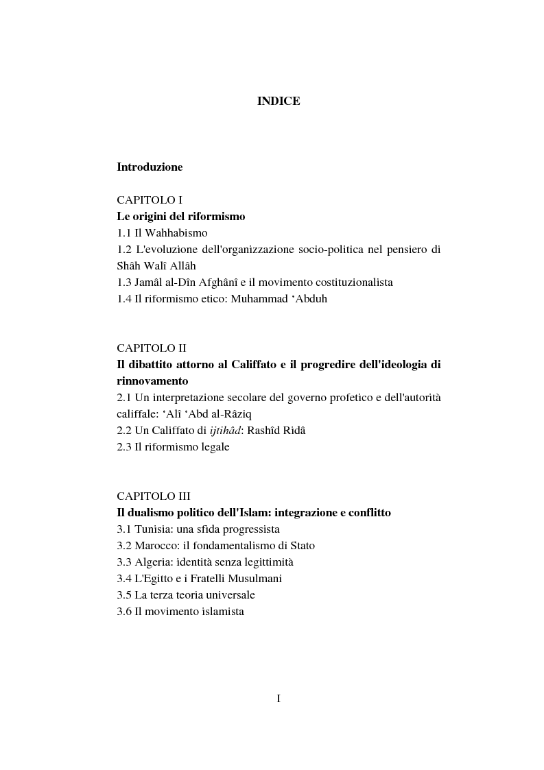 Indice della tesi: Din - Dunya - Dawla, Il significato politico dell'Islam tra conformità al modello ideale e potere reale, Pagina 1