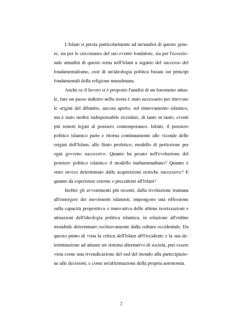 Anteprima della tesi: Din - Dunya - Dawla, Il significato politico dell'Islam tra conformità al modello ideale e potere reale, Pagina 2