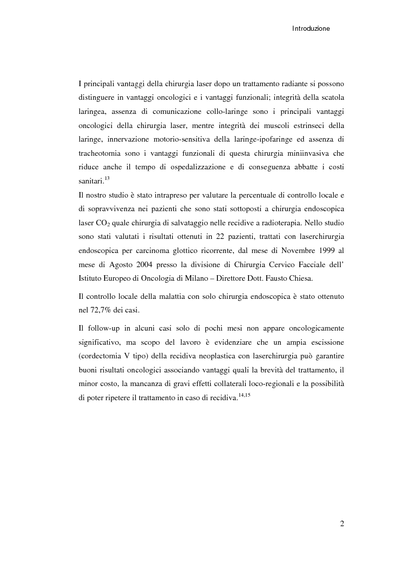 Anteprima della tesi: Ruolo della chirurgia laser nel trattamento delle recidive di carcinoma spinocellulare della laringe glottica in fase iniziale dopo radioterapia, Pagina 2