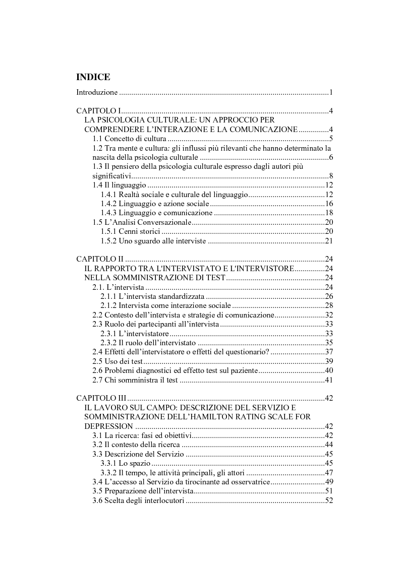 Indice della tesi: L'Hamilton Rating Scale for Depression: la somministrazione come pratica interattiva., Pagina 1