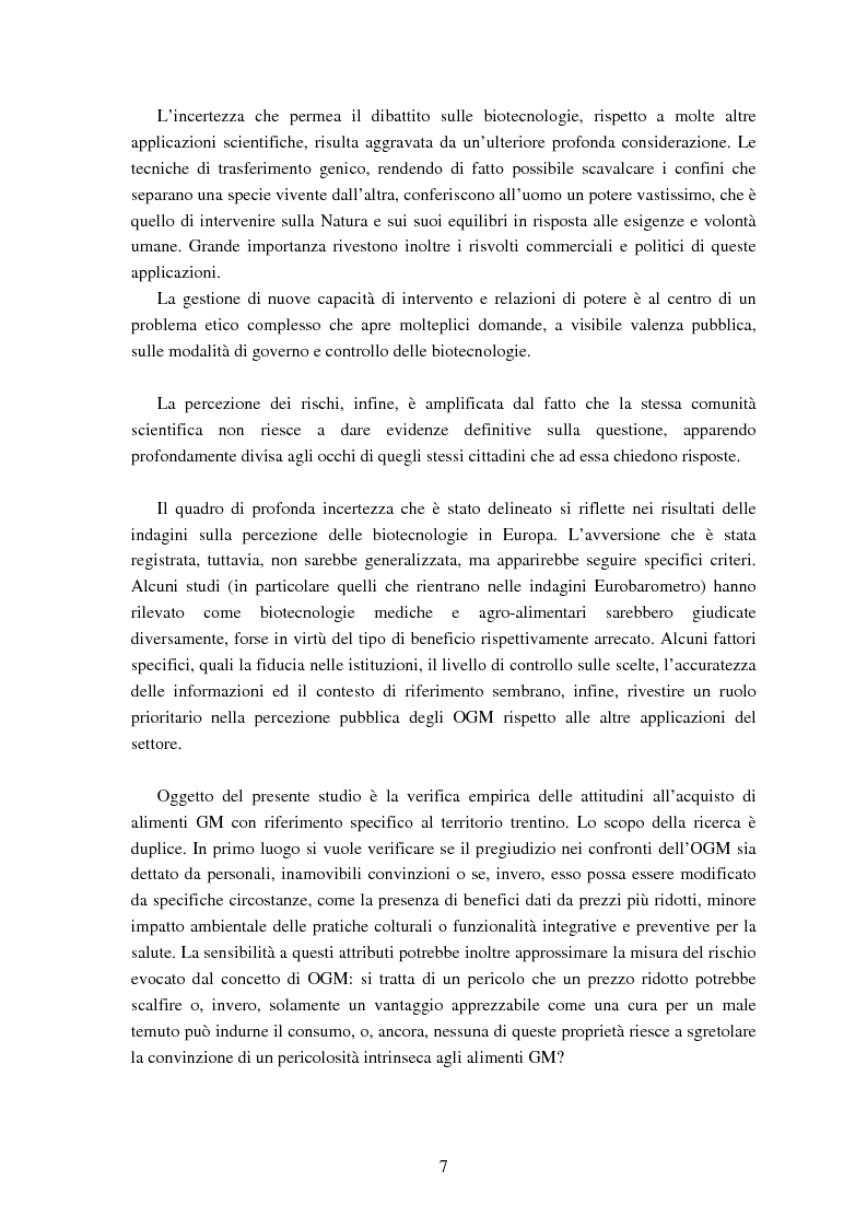 Anteprima della tesi: Le attitudini al consumo di alimenti Geneticamente Modificati: uso dei Modelli a Scelta Discreta per l’analisi del caso Trentino, Pagina 3