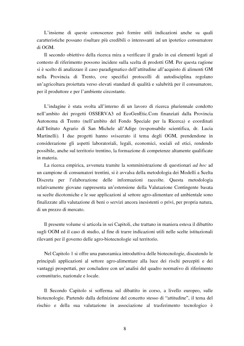 Anteprima della tesi: Le attitudini al consumo di alimenti Geneticamente Modificati: uso dei Modelli a Scelta Discreta per l’analisi del caso Trentino, Pagina 4