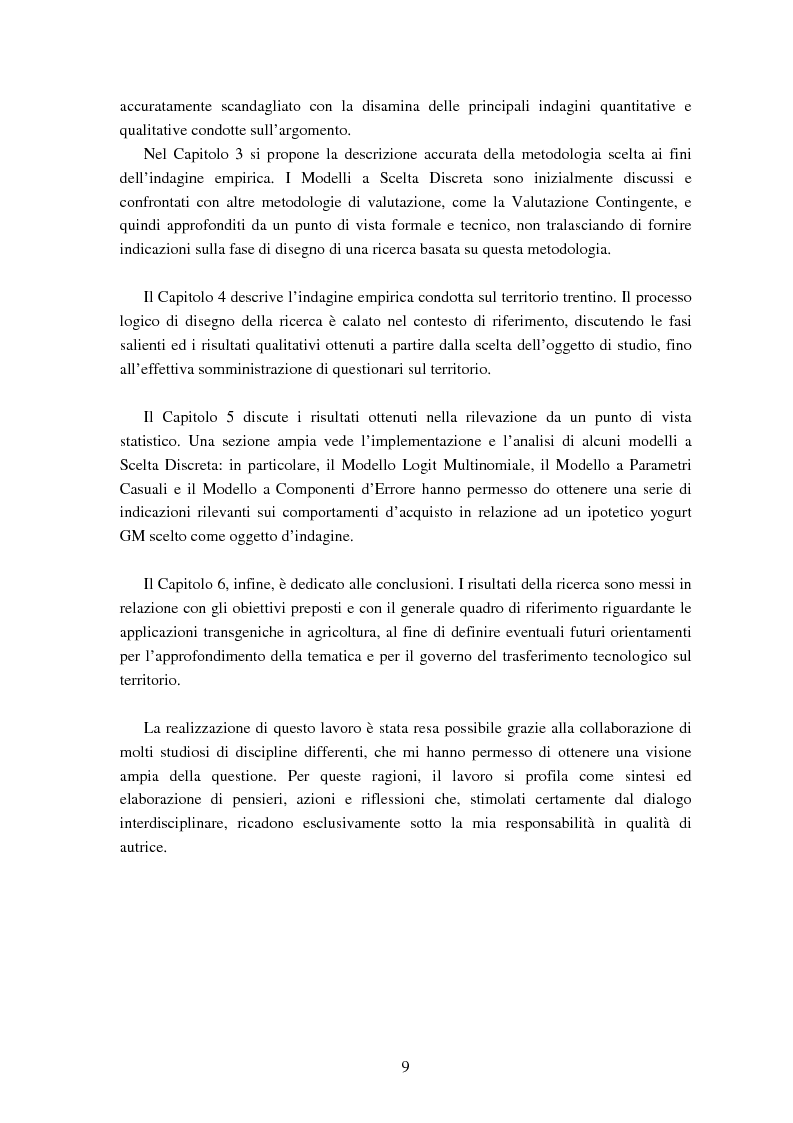 Anteprima della tesi: Le attitudini al consumo di alimenti Geneticamente Modificati: uso dei Modelli a Scelta Discreta per l’analisi del caso Trentino, Pagina 5