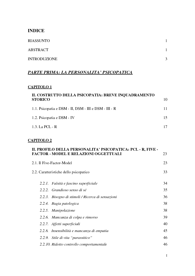 Indice della tesi: Personalità e dinamiche violente: sadismo, psicopatia e perversione sadomasochistica, Pagina 1