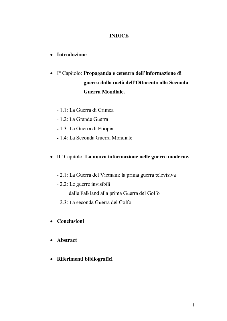 Indice della tesi: Informazione e mass media durante i conflitti bellici, Pagina 1