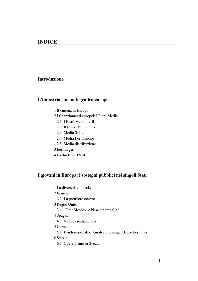 Indice della tesi: L'Europa dei giovani: sovvenzioni e finanziamenti per giovani registi, Pagina 1