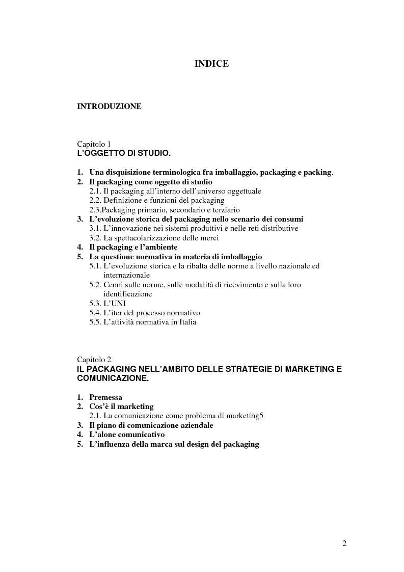 Indice della tesi: Il packaging come artefatto comunicativo. Una proposta per superare l'omologazione nel design., Pagina 1