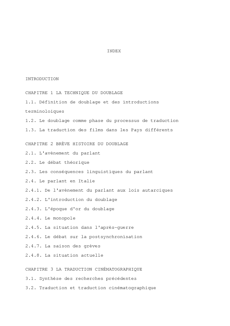 Indice della tesi: Le problème de la traduction dans le doublage cinématographique en Italie, Pagina 1
