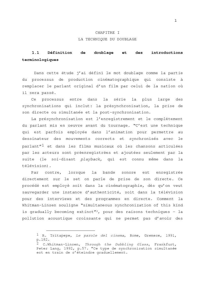 Anteprima della tesi: Le problème de la traduction dans le doublage cinématographique en Italie, Pagina 5