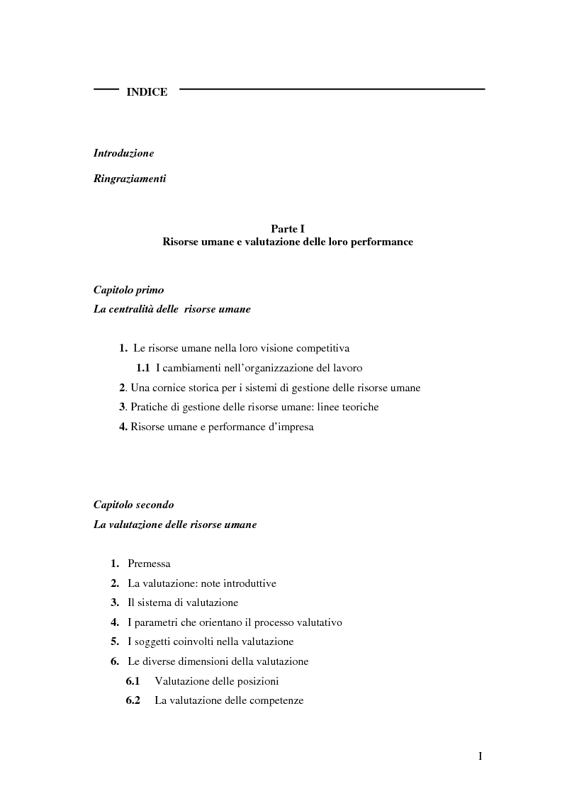 Indice della tesi: La valutazione delle performance delle risorse umane: il caso Indesit Company, Pagina 1