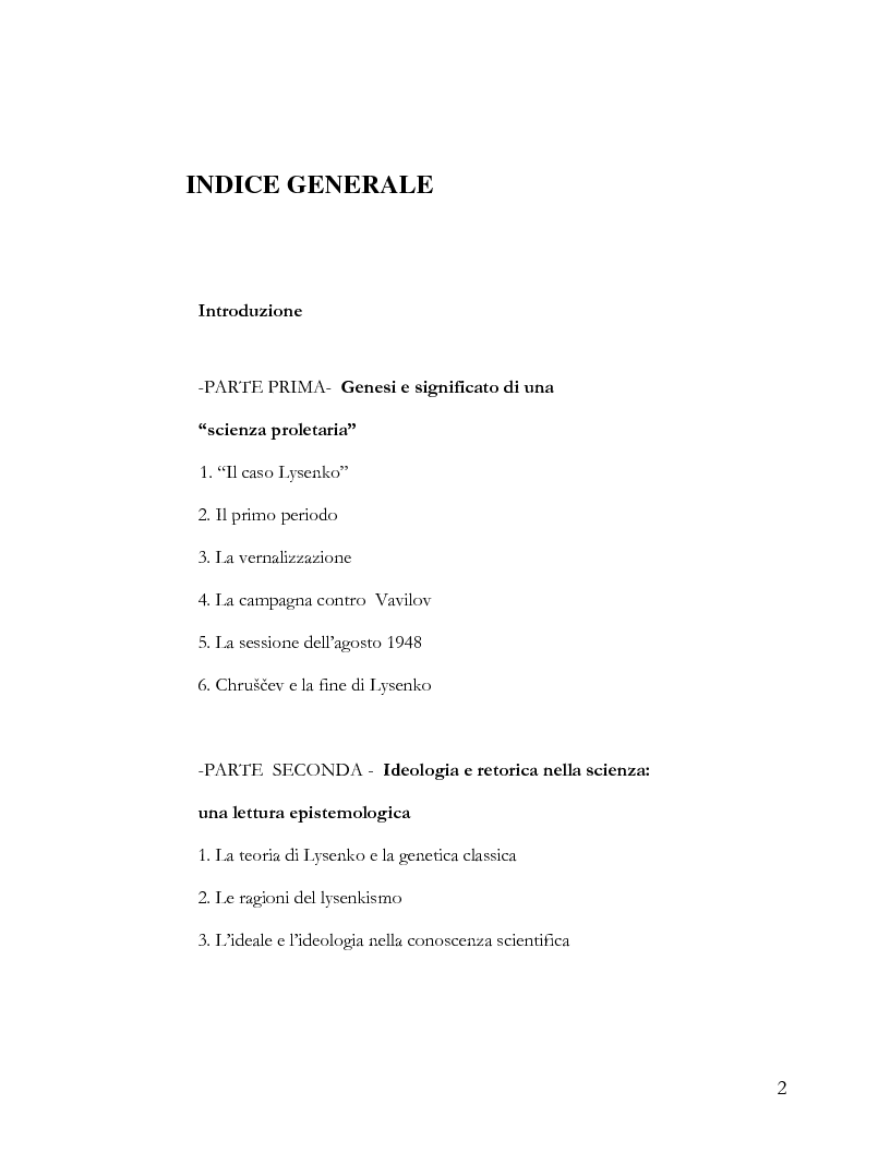Indice della tesi: L'ideologia nella scienza: il caso Lysenko, Pagina 1