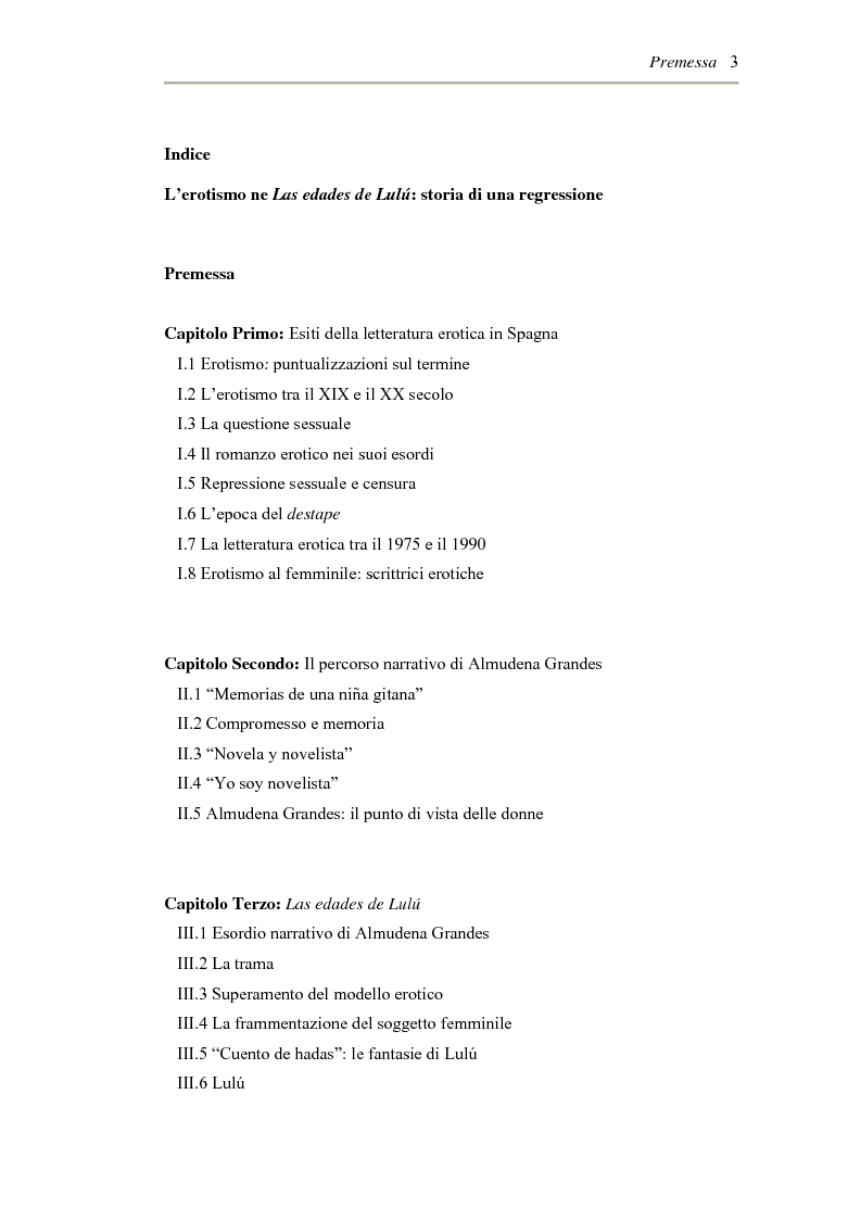 Indice della tesi: L'erotismo ne Las edades de Lulù di Almudena Grandes: storia di una regressione, Pagina 1