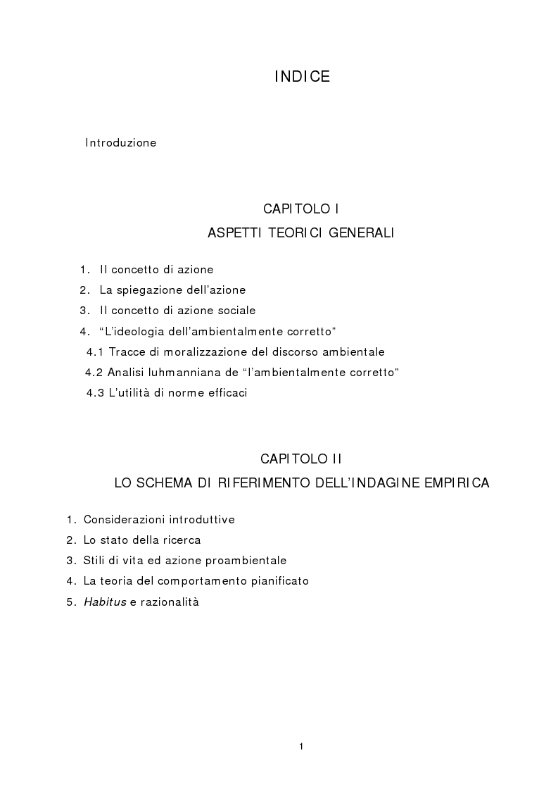 Indice della tesi: L'azione sociale ambientalmente corretta: il caso della separazione dei rifiuti a Lipsia ed a Trento, Pagina 1