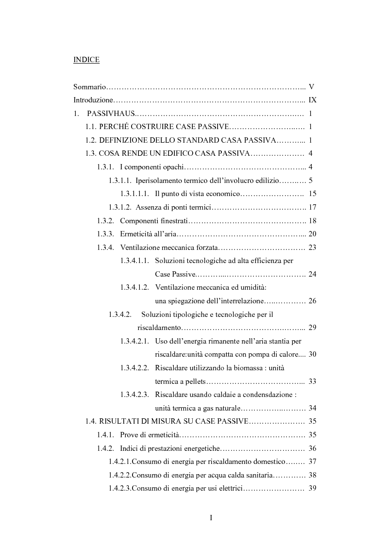 Indice della tesi: Confronto tra modelli di valutazione per la stima dell'impatto energetico e macroeconomico dello standard Passivhaus, Pagina 1