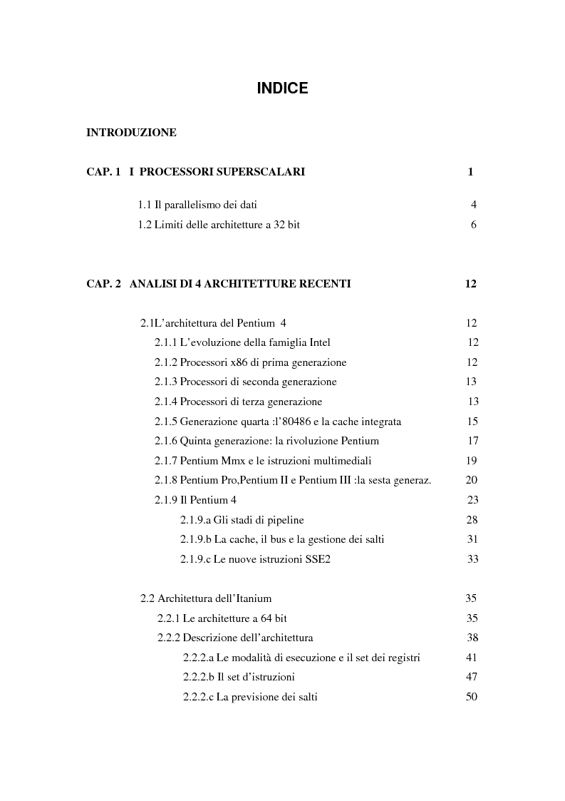 Indice della tesi: Analisi delle architetture di microprocessori commerciali, Pagina 1