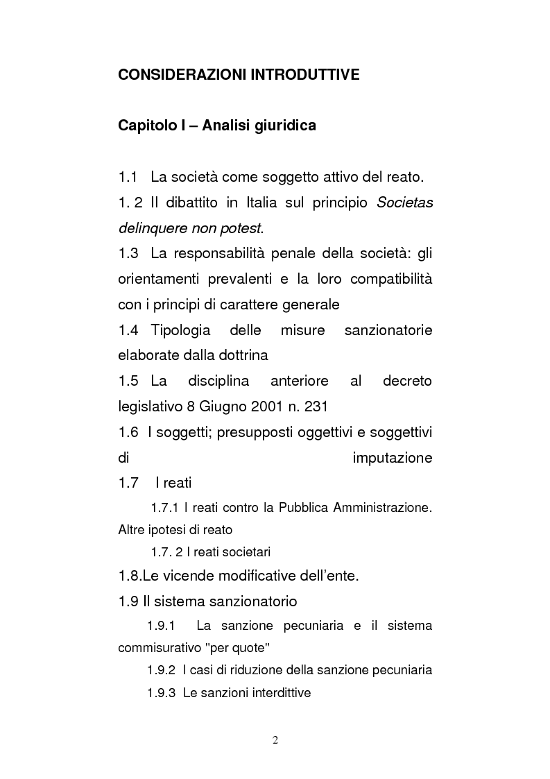 Indice della tesi: Le strutture organizzative di cui alla L. 231/2001: un’analisi comparativa, Pagina 1