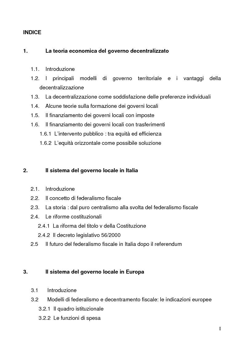 Indice della tesi: Il federalismo fiscale: l'Italia e l'Europa, Pagina 1