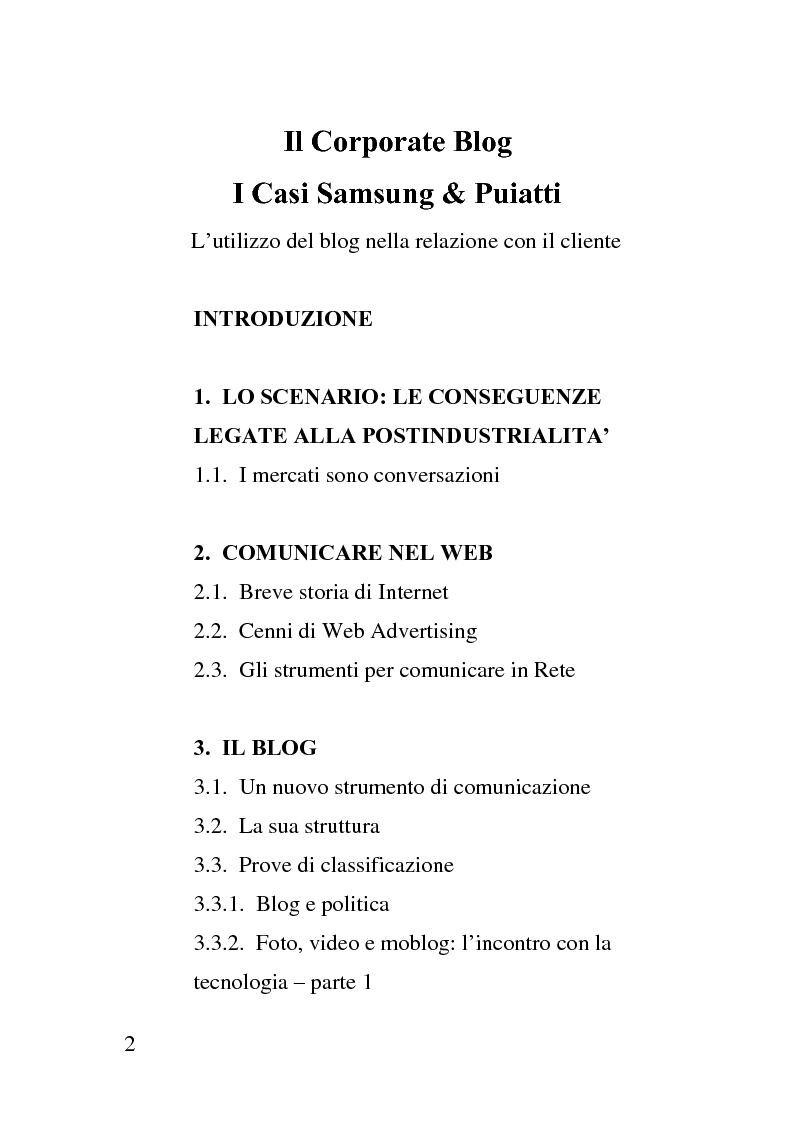 Indice della tesi: Il corporate blog - L'utilizzo del blog nella relazione con il cliente, Pagina 1