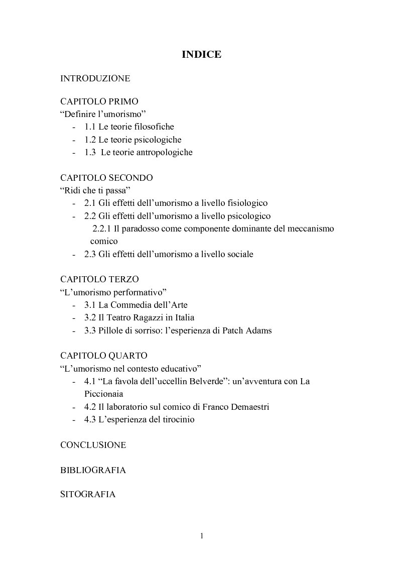 Indice della tesi: ''Risus abundant in ore... sapientium''. L'efficacia dell'umorismo dalla performance al contesto educativo., Pagina 1