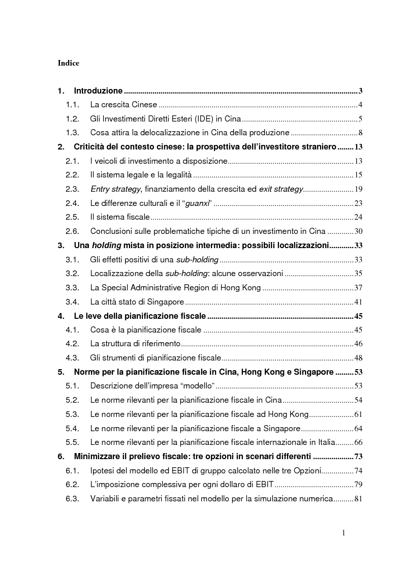 Indice della tesi: Pianificazione fiscale e strategie di crescita internazionale: imprese italiane nel Far East, Pagina 1