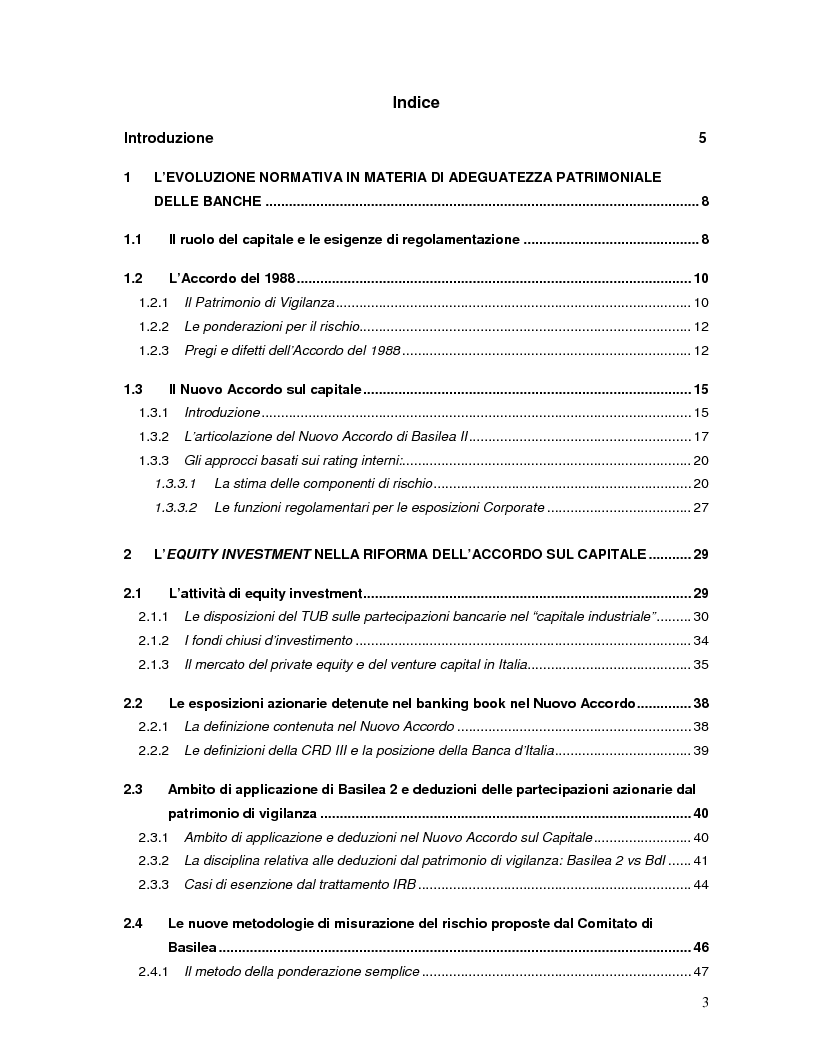 Indice della tesi: L'impatto di Basilea 2 sul private equity, Pagina 1