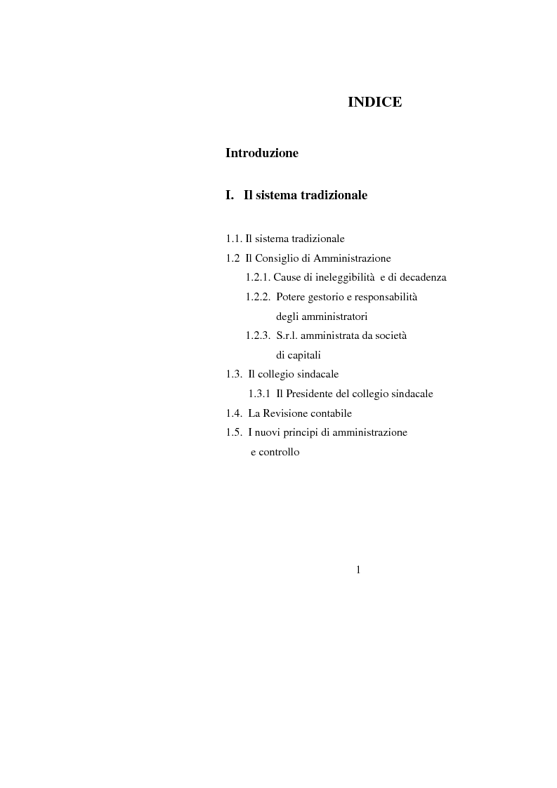 Indice della tesi: Potenzialità e criticità dei sistemi di corporate governance dopo la riforma societaria, Pagina 1