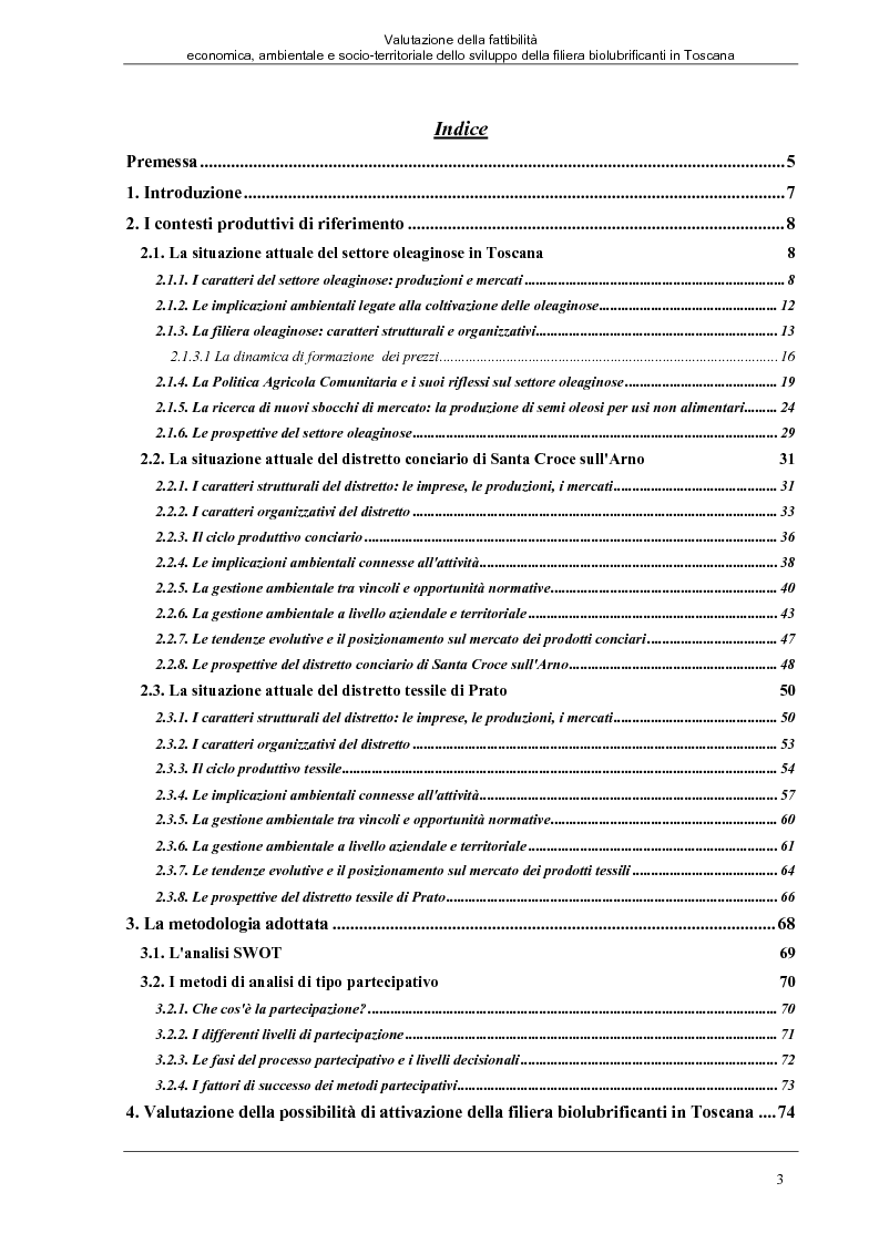 Indice della tesi: Valutazione della fattibilità economica, ambientale e socio-territoriale dello sviluppo della filiera biolubrificanti in Toscana, Pagina 1
