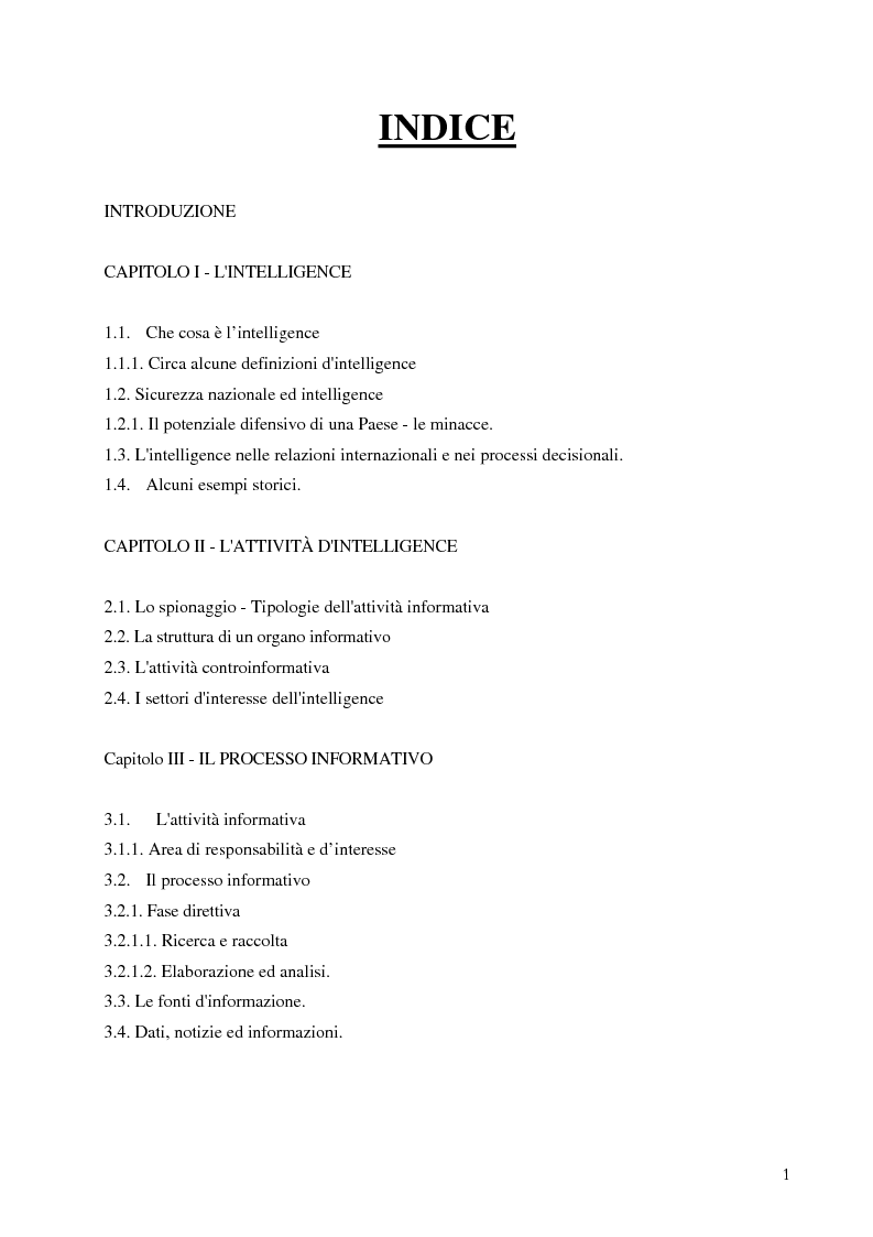 Indice della tesi: Intelligence in un mondo multipolare, Pagina 1