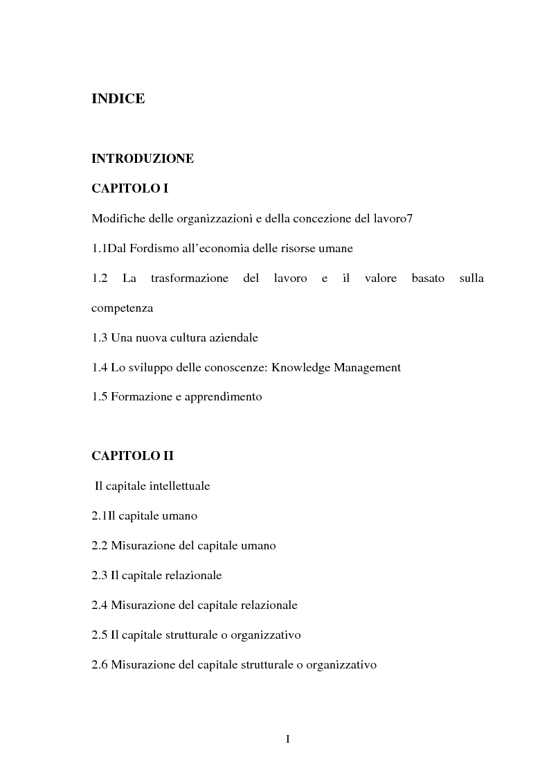 Indice della tesi: Una nuova frontiera delle organizzazioni: il capitale intellettuale, Pagina 1
