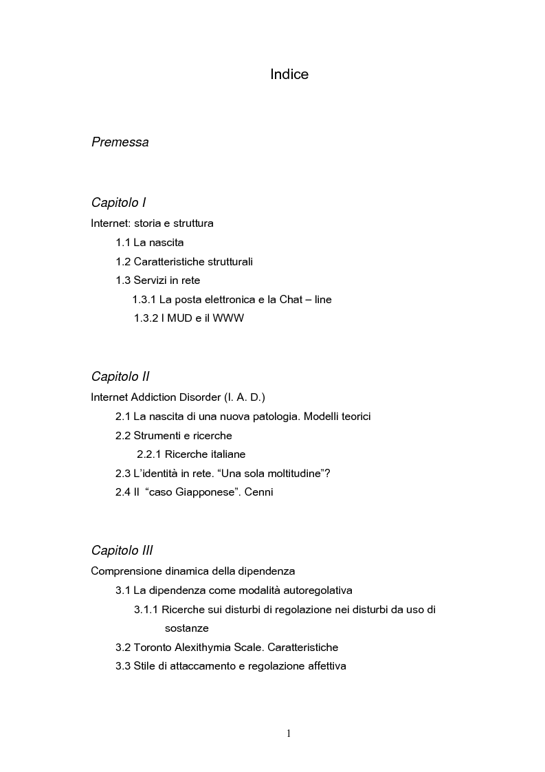 Indice della tesi: Fenomeni di internet dipendenza, Pagina 1