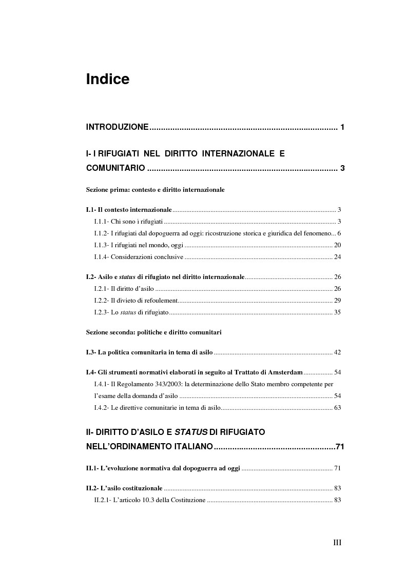 Indice della tesi: Rifugiati e richiedenti asilo in Italia: situazione normativa e fenomeno sociale, Pagina 1