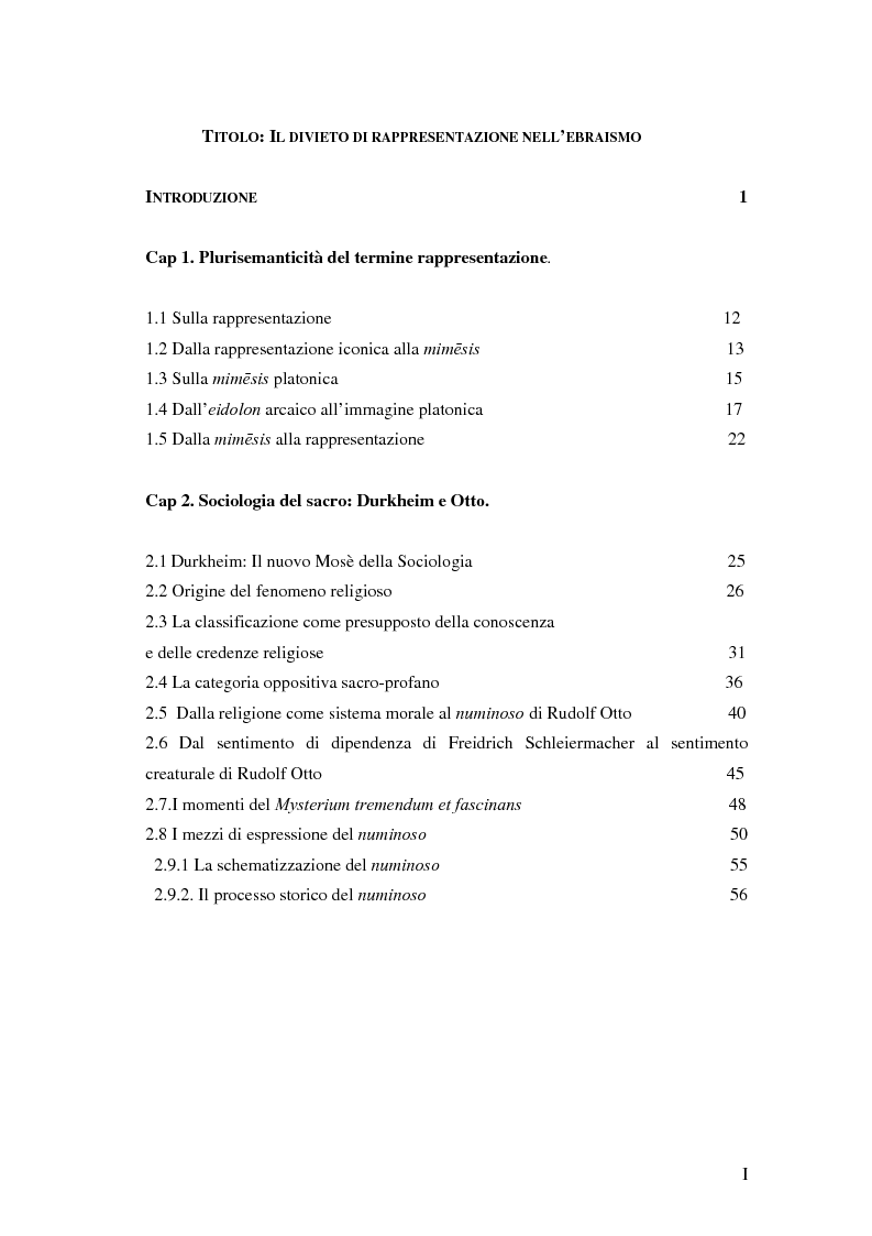 Indice della tesi: Il divieto di rappresentazione nell'ebraismo, Pagina 1
