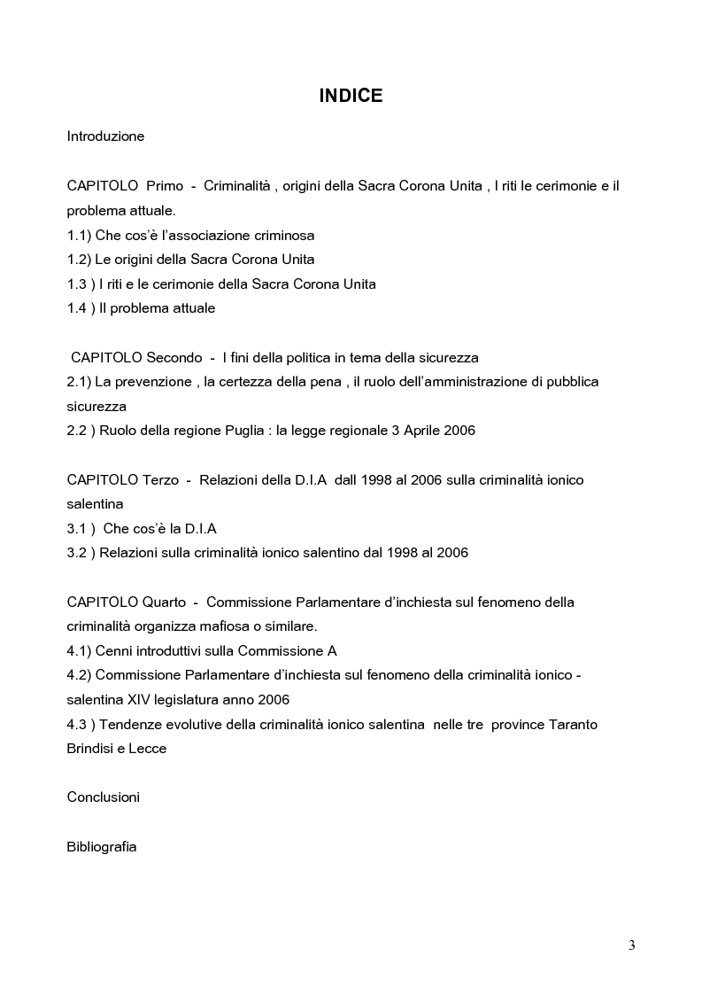 Indice della tesi: Politica della Sicurezza: Lotta alla criminalità Ionico Salentina, Pagina 1
