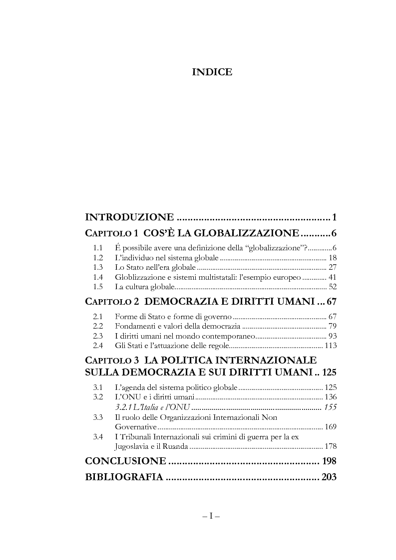 Indice della tesi: Globalizzazione, democrazia e diritti umani, Pagina 1