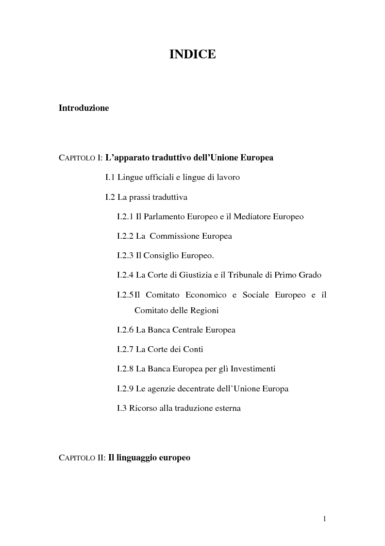 Indice della tesi: La traduzione del discorso politico dallo spagnolo all'italiano nel Parlamento Europeo, Pagina 1