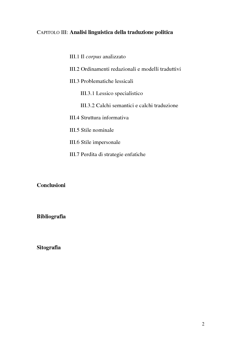 Indice della tesi: La traduzione del discorso politico dallo spagnolo all'italiano nel Parlamento Europeo, Pagina 2