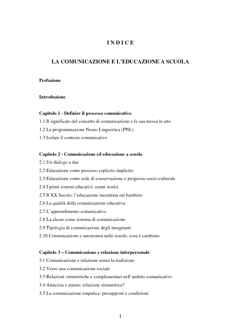 Indice della tesi: La comunicazione e l'educazione a scuola: analisi e proposte, Pagina 1