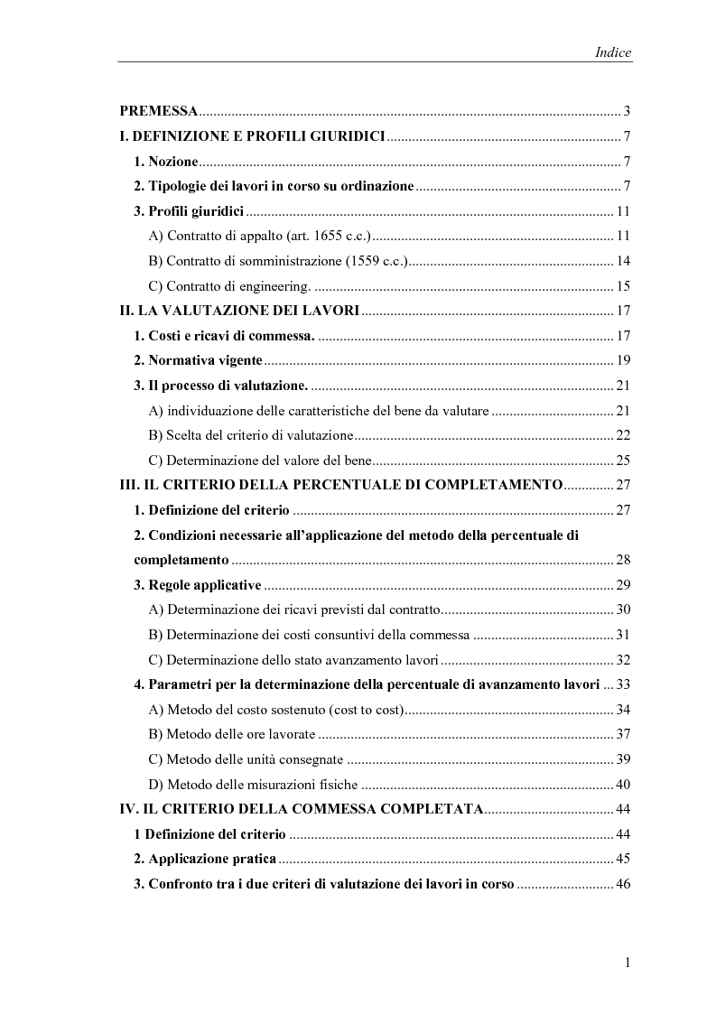 Indice della tesi: Commesse in corso di lavorazione, aspetti contabili e fiscali, Pagina 1