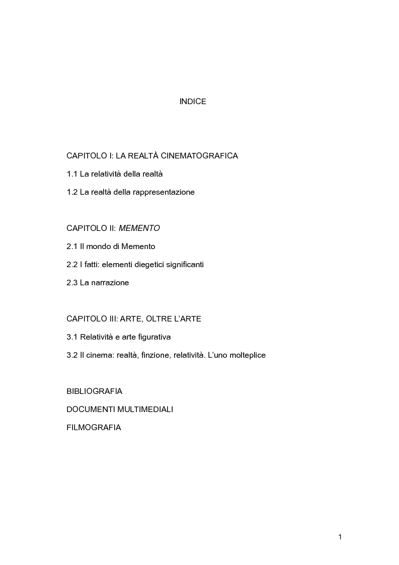 Indice della tesi: Cinema e relatività: il caso di Memento, Pagina 1