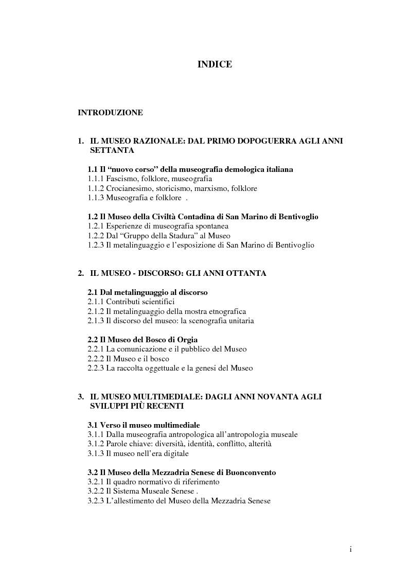 Indice della tesi: I percorsi del museo. Orientamenti della museografia demologica in Italia, Pagina 1