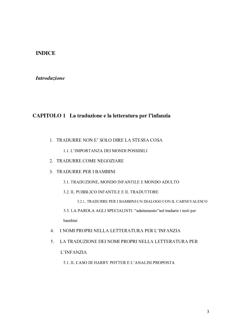 Indice della tesi: Il mondo magico del bambino e la traduzione dei nomi in Harry Potter, Pagina 1