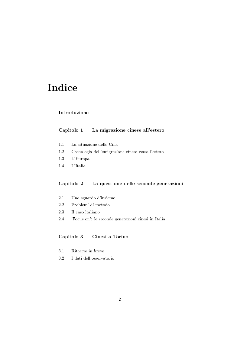 Indice della tesi: Cinesi di seconda generazione a Torino, Pagina 1