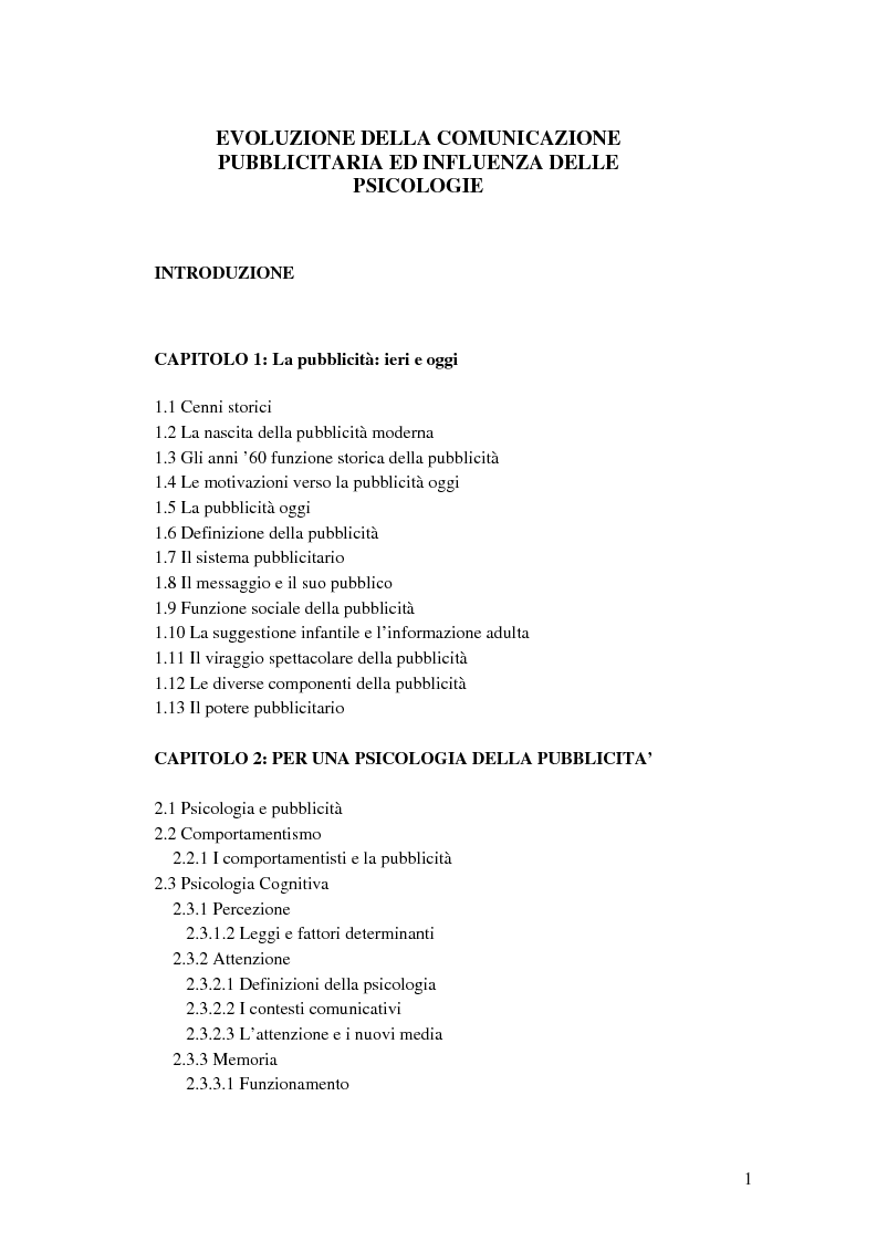 Indice della tesi: Evoluzione della comunicazione pubblicitaria ed influenza delle psicologie, Pagina 1