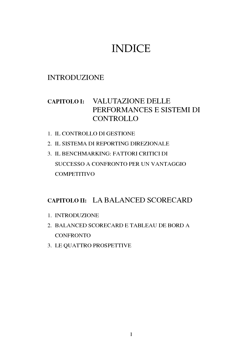 Indice della tesi: Valutazione delle performances e Balanced Scorecard. Aspetti gestionali: il caso ''Serono'', Pagina 1